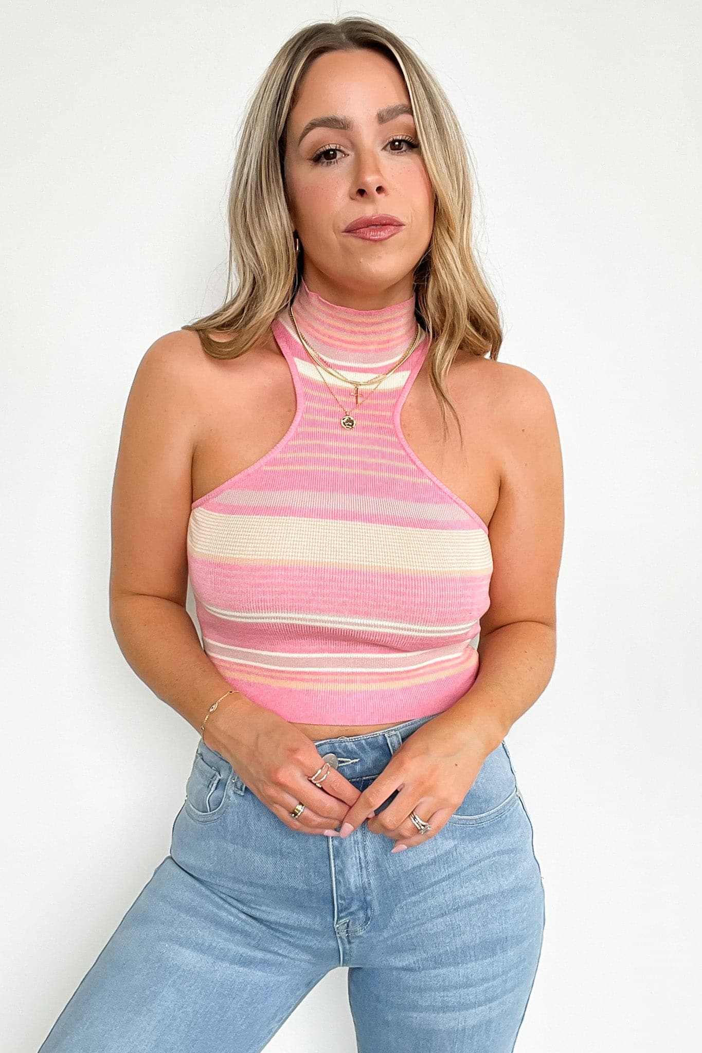 S / Pink Multi Sun More Time Mock Neck Striped Crop Top - FINAL SALE - Madison and Mallory