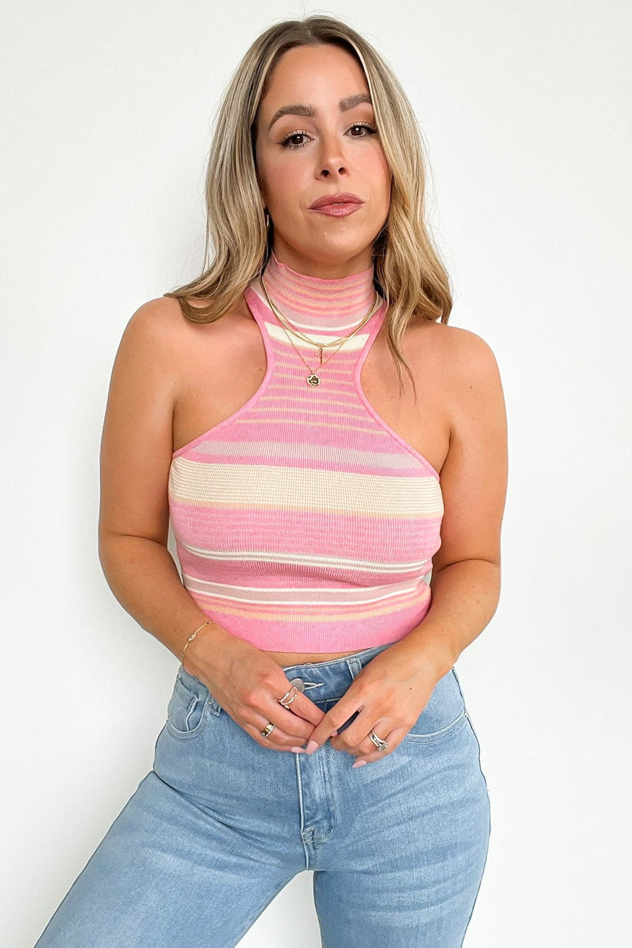 S / Pink Multi Sun More Time Mock Neck Striped Crop Top - FINAL SALE - Madison and Mallory