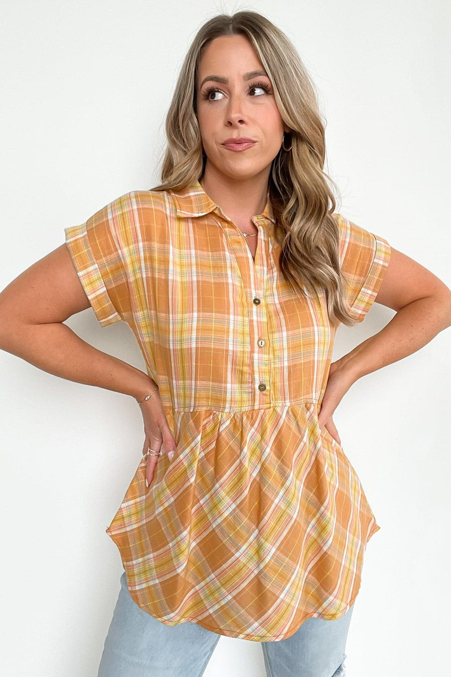 Tangerine / S Sweet Voice Plaid Short Sleeve Babydoll Top - FINAL SALE - Madison and Mallory