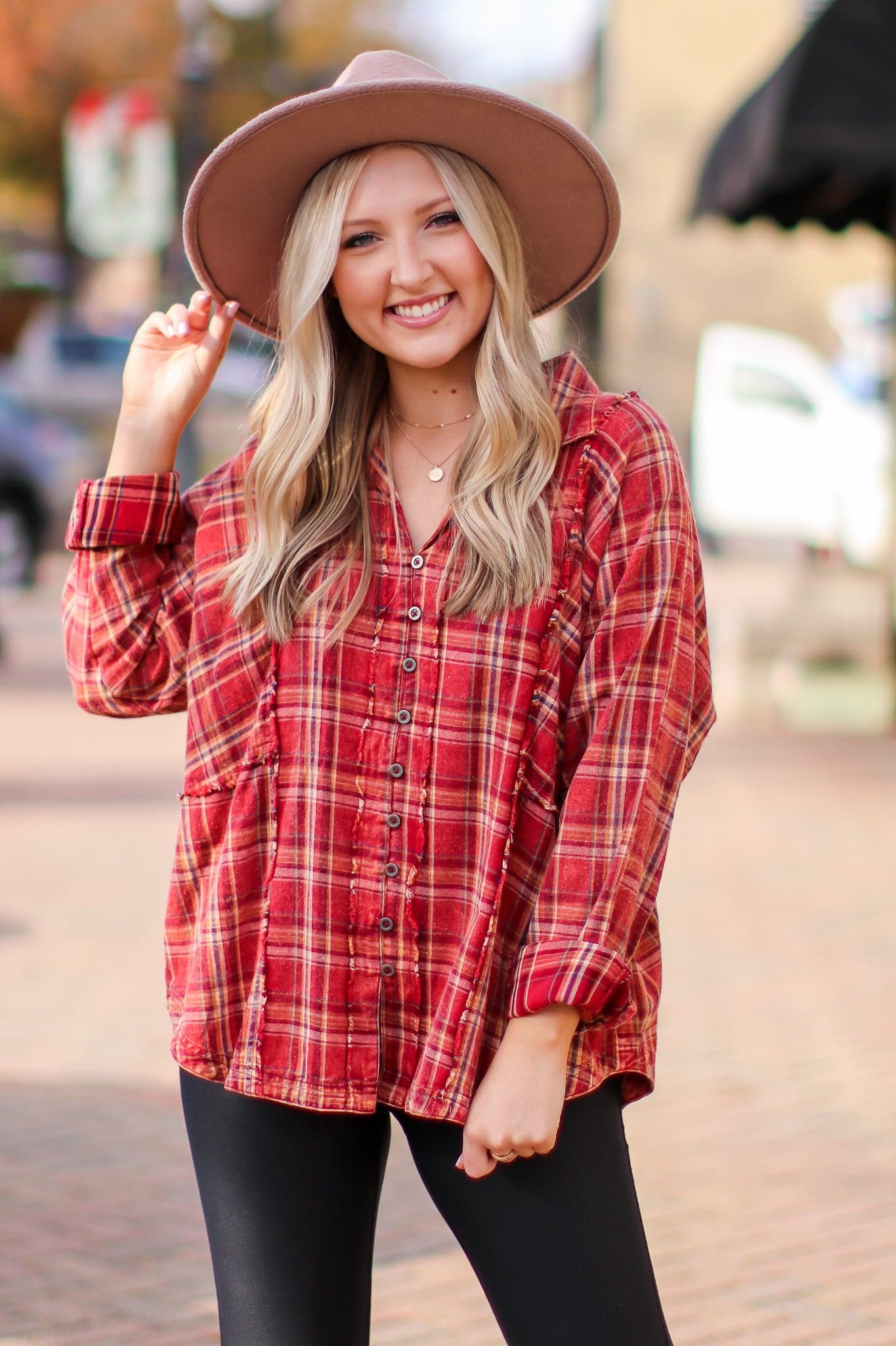 Red / S Taylee Relaxed Plaid Raw Edge Top - FINAL SALE - Madison and Mallory