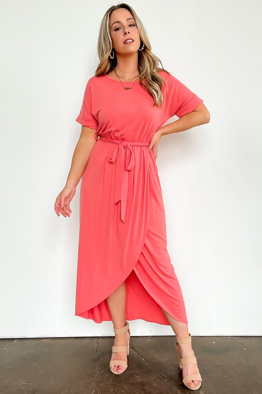 Deep Coral / S Thinking Ahead Belted Tulip Dress - Madison and Mallory