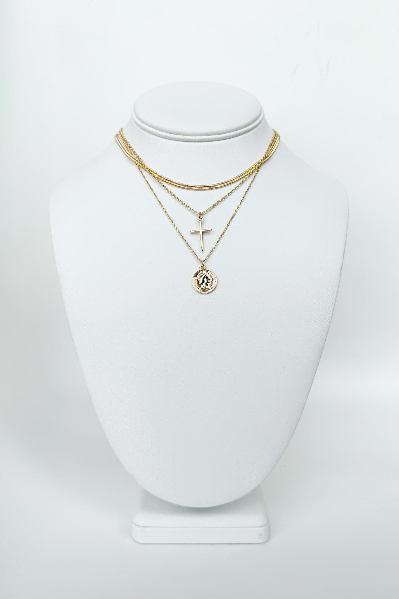 Gold Tomorrow and Always Multi Layered Cross and Coin Layered Necklace - Madison and Mallory