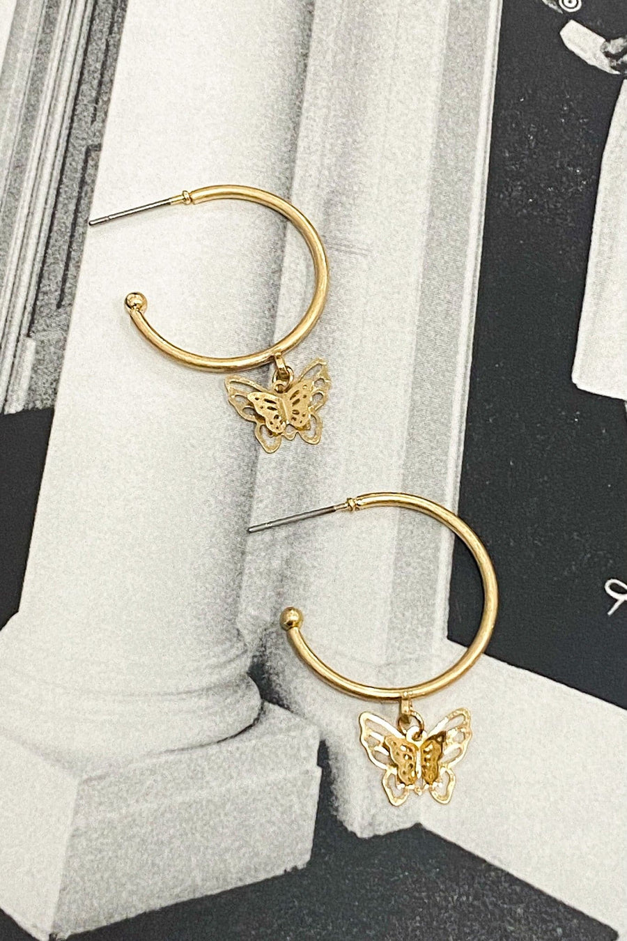 Gold Tonia Butterfly Drop Hoop Earrings - Madison and Mallory
