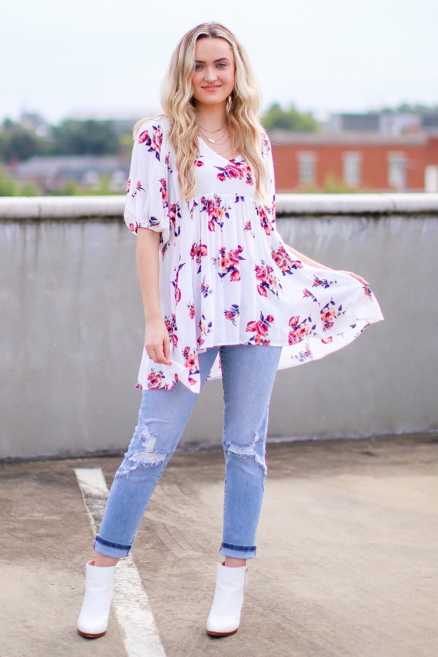 S / Ivory Totally Botanic Floral Tunic Top - CURVE - FINAL SALE - Madison and Mallory