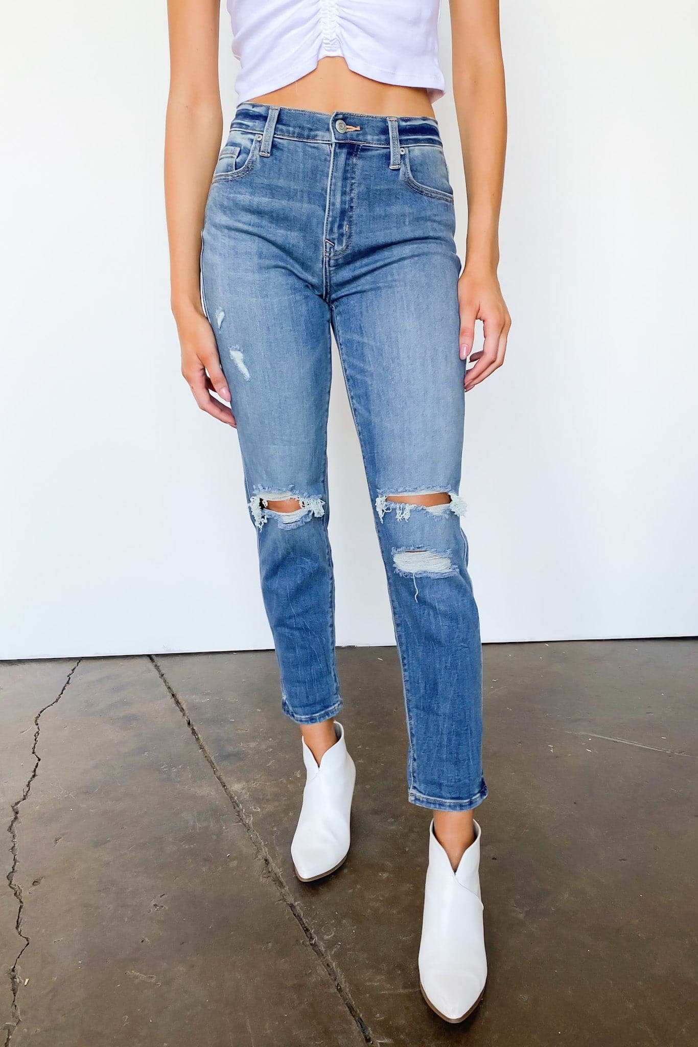 0 / Dark Wash Tray High Rise Distressed Boyfriend Jeans - Madison and Mallory