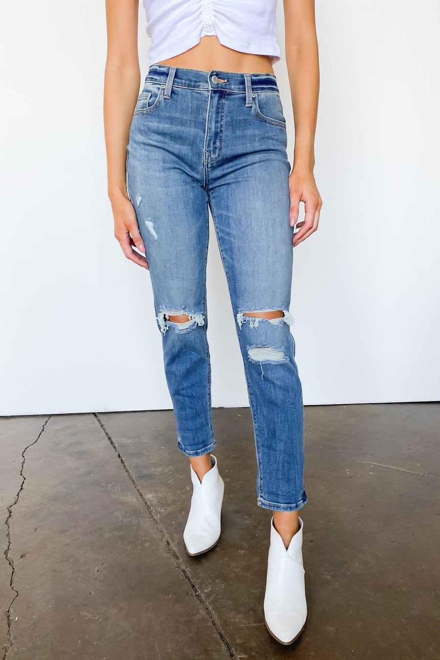 0 / Dark Wash Tray High Rise Distressed Boyfriend Jeans - FINAL SALE - Madison and Mallory