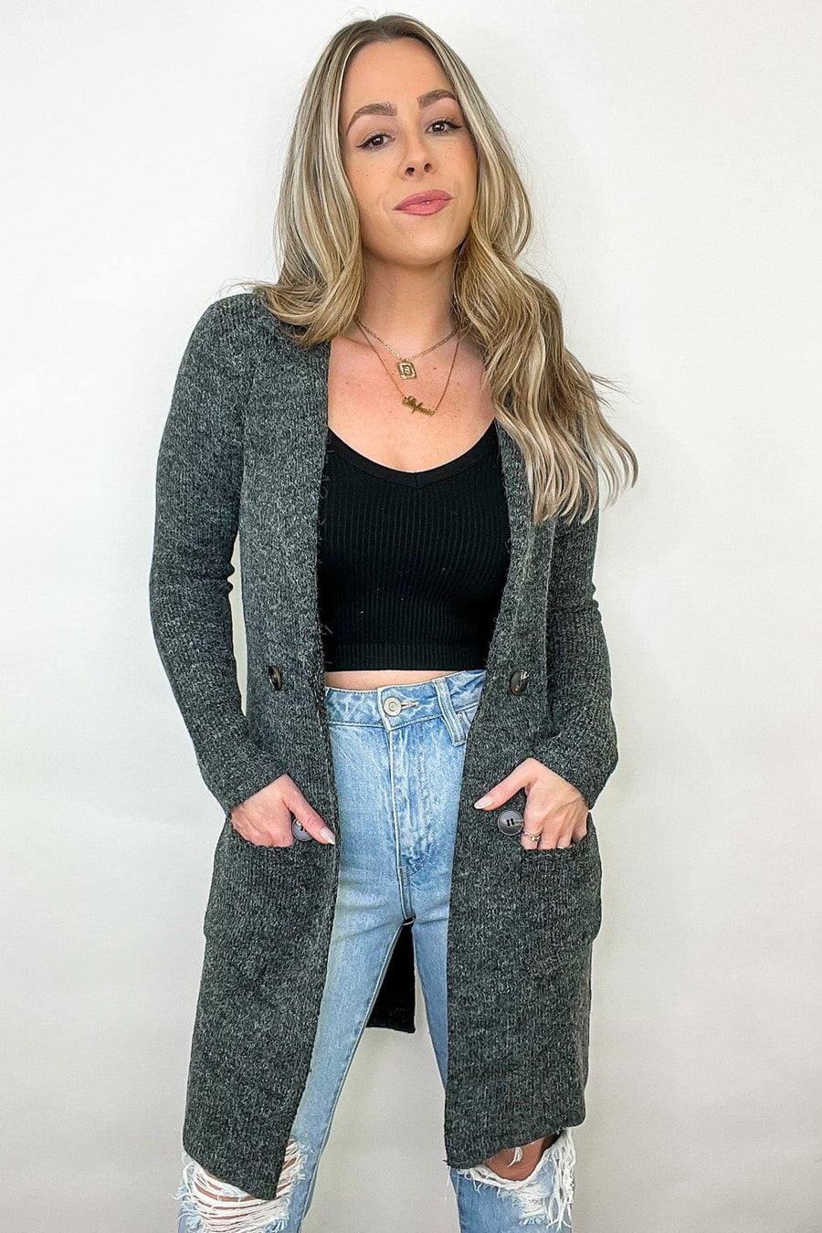 Charcoal Gray / S Trinitie Notched Knit Cardigan - FINAL SALE - Madison and Mallory