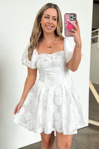  Unexpected Invite Puff Sleeve Jacquard Dress - FINAL SALE - Madison and Mallory