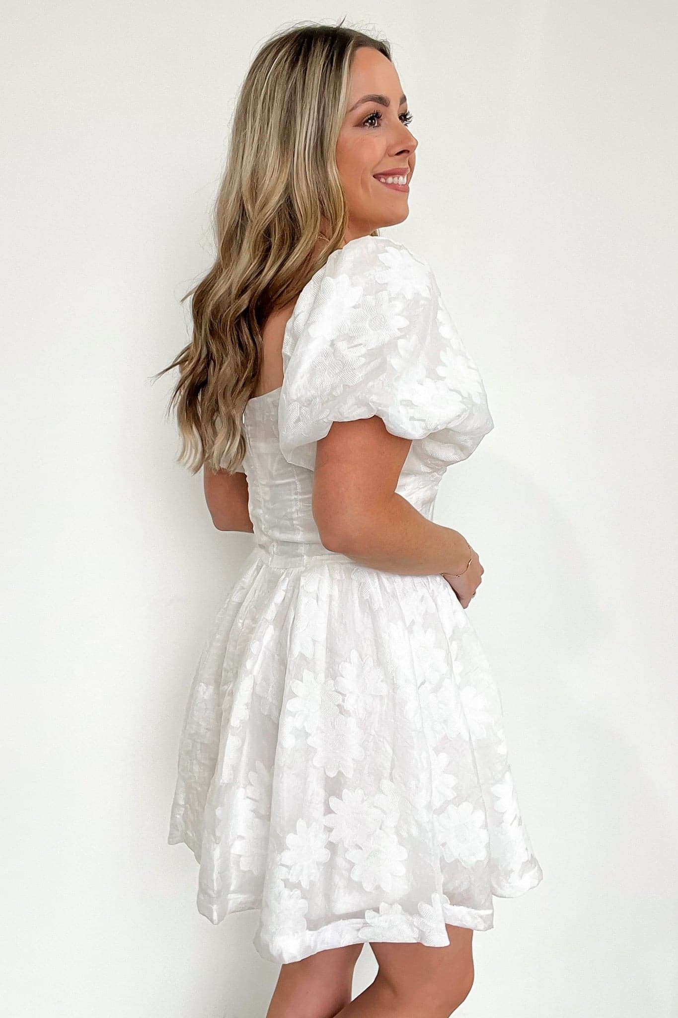  Unexpected Invite Puff Sleeve Jacquard Dress - FINAL SALE - Madison and Mallory