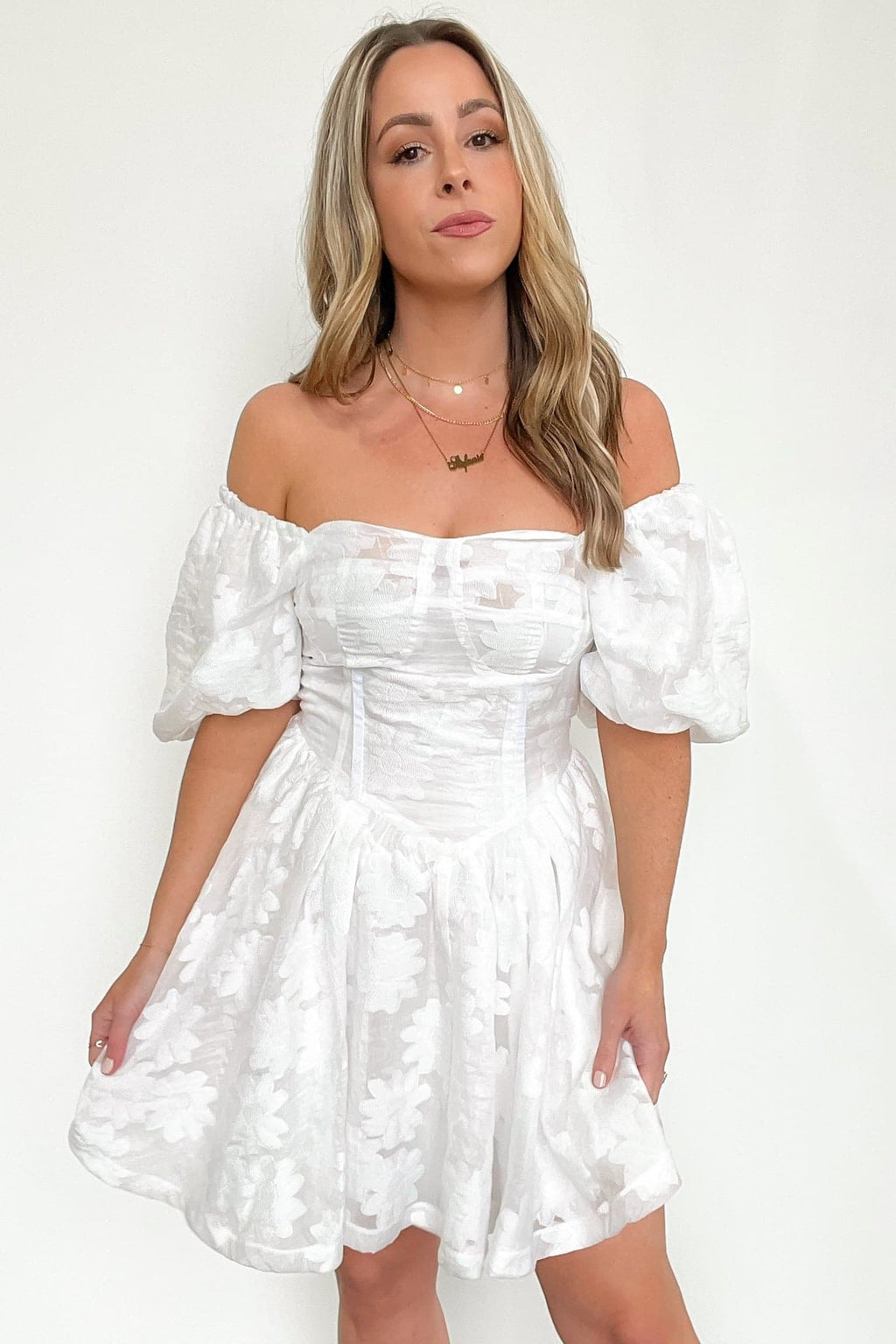  Unexpected Invite Puff Sleeve Jacquard Dress - FINAL SALE - Madison and Mallory