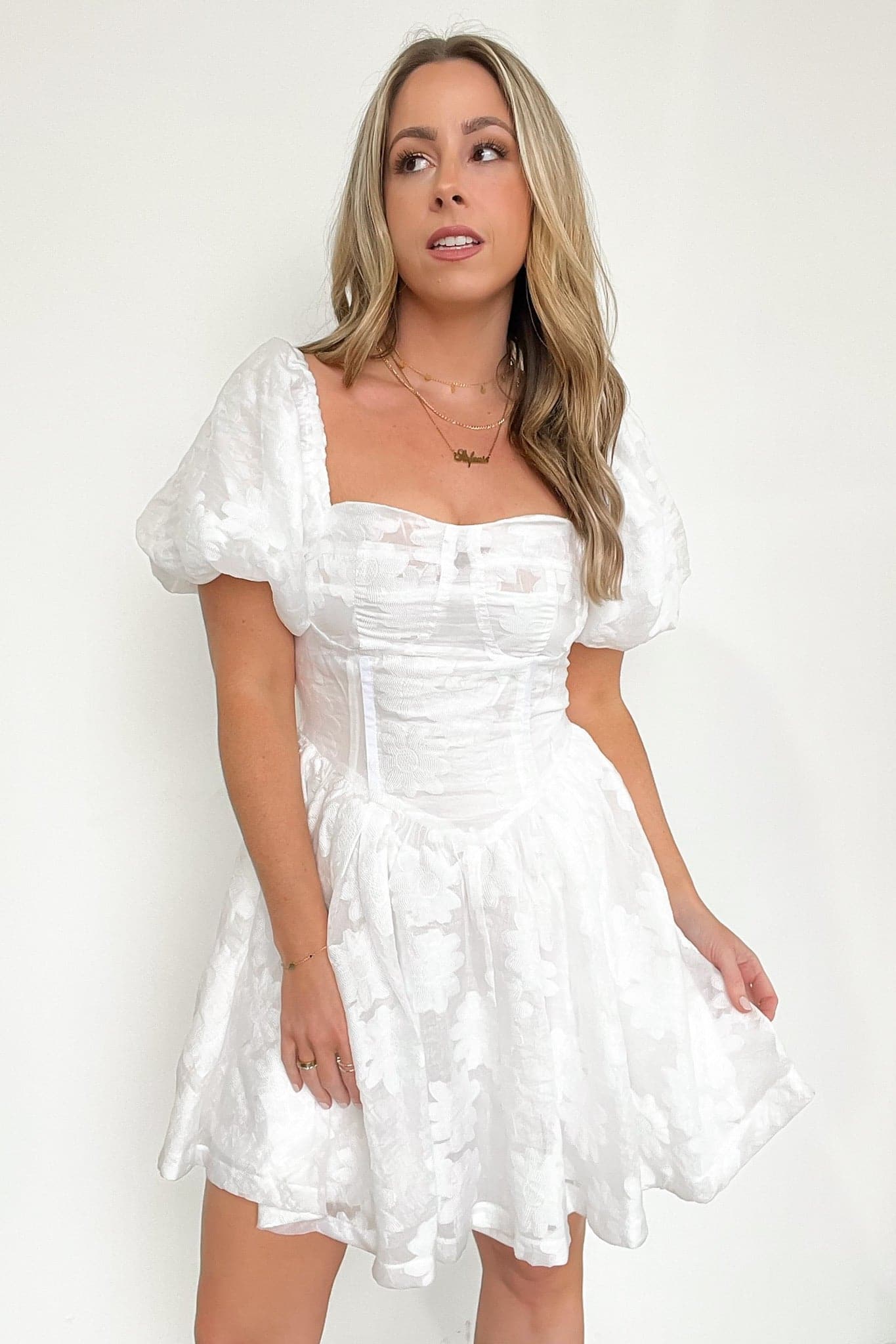  Unexpected Invite Puff Sleeve Jacquard Dress - FINAL SALE - Madison and Mallory