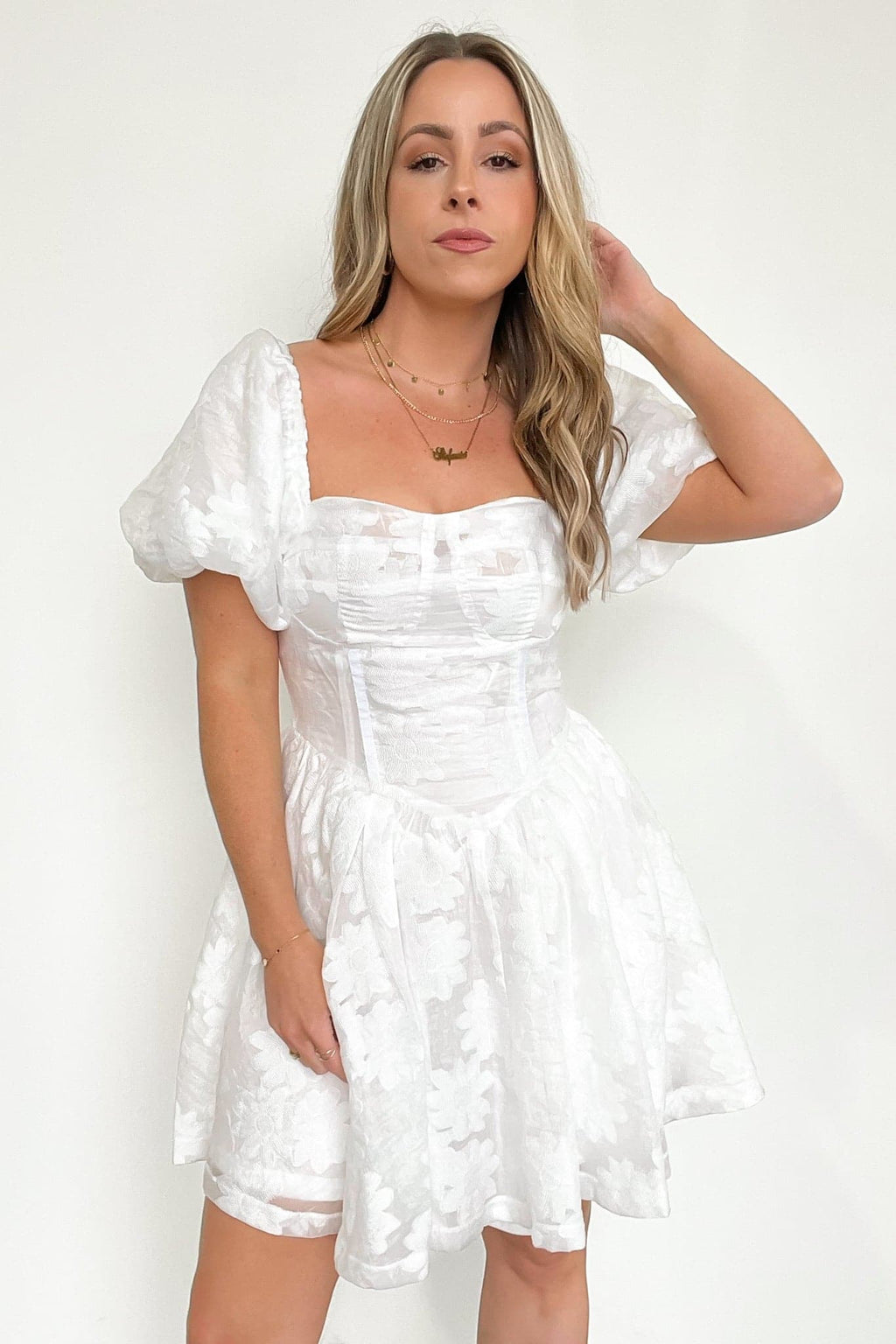  Unexpected Invite Puff Sleeve Jacquard Dress - FINAL SALE - Madison and Mallory