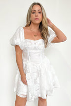  Unexpected Invite Puff Sleeve Jacquard Dress - FINAL SALE - Madison and Mallory