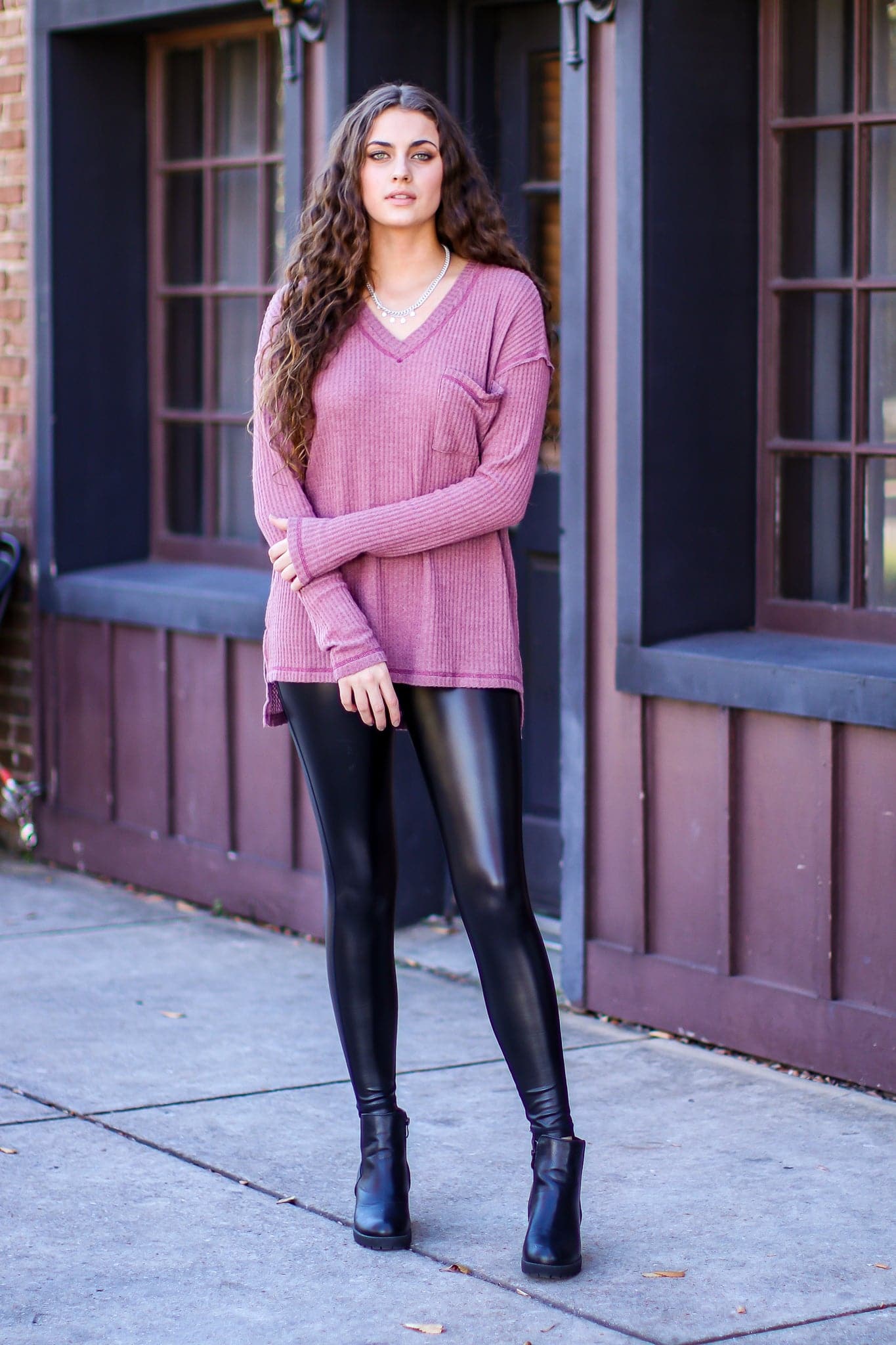 S / Berry Vinana Waffle Knit V-Neck Top - FINAL SALE - Madison and Mallory