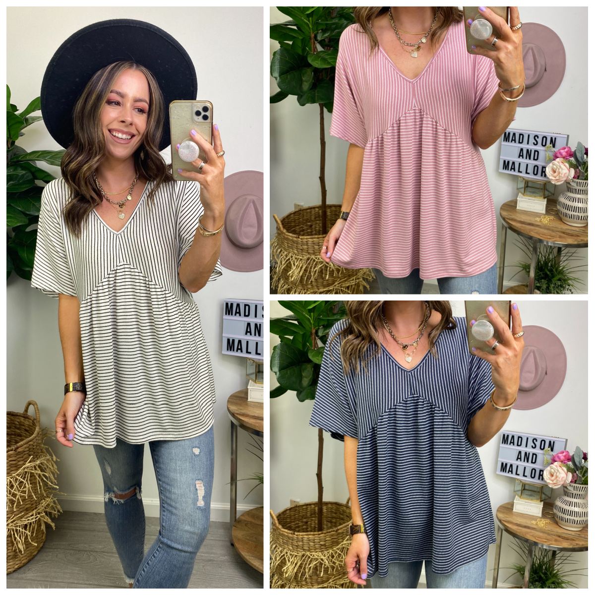  Vinton Striped V-Neck Babydoll Top - Madison and Mallory