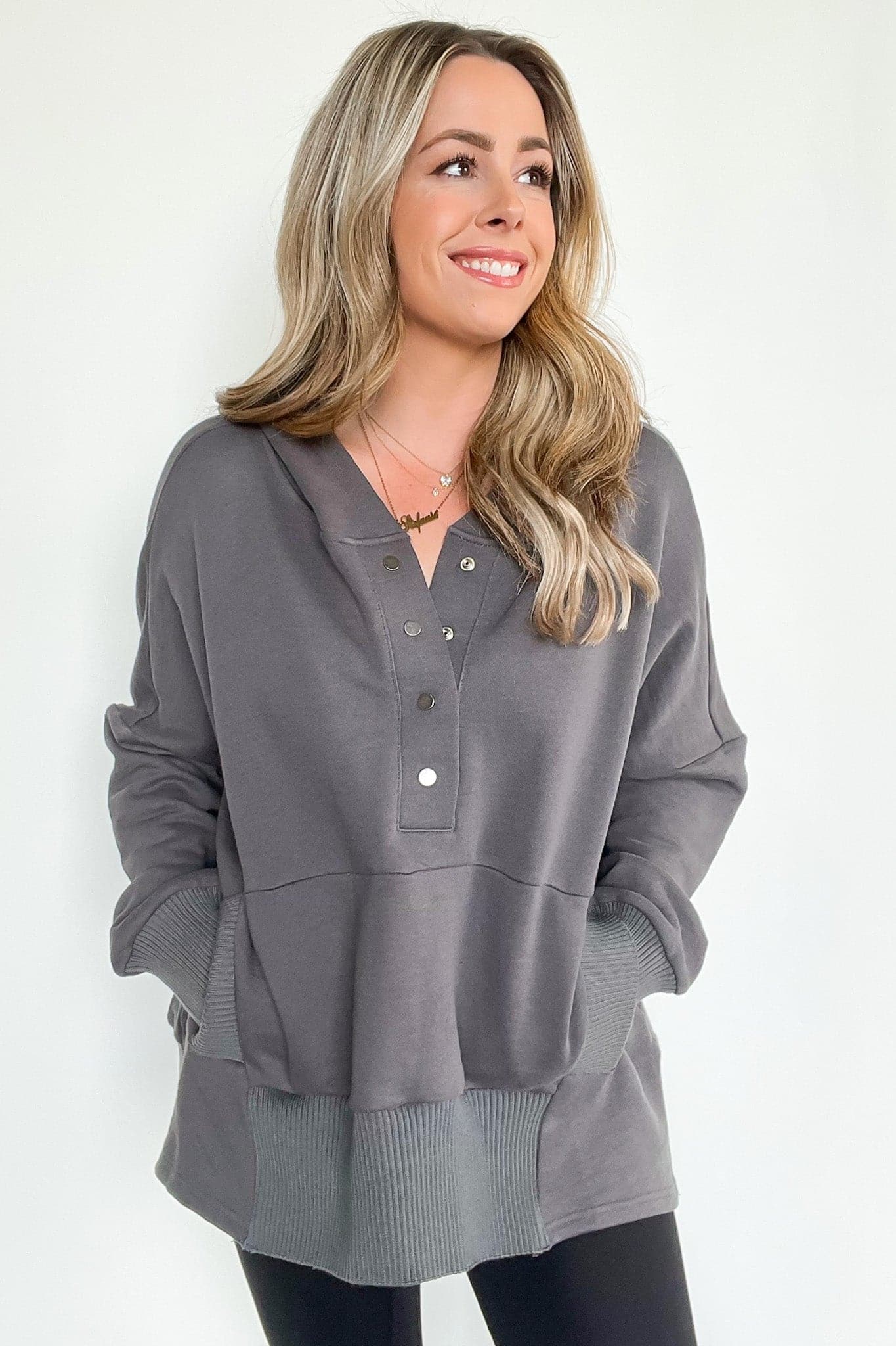 S / Charcoal Vivie Oversized Terry Henley Pullover - BACK IN STOCK - Madison and Mallory