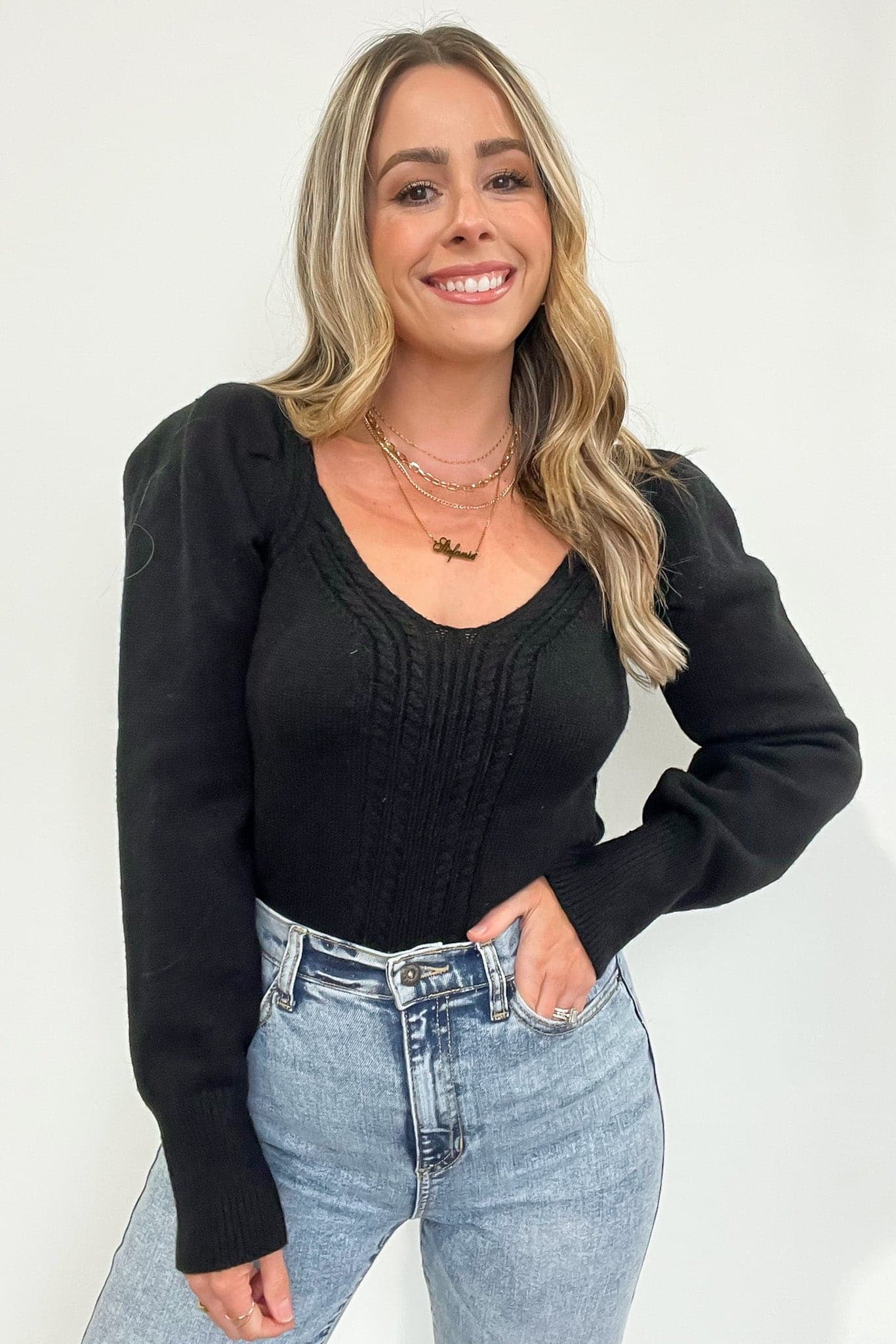  Viviette Braid Knit V-Neck Sweater - FINAL SALE - Madison and Mallory