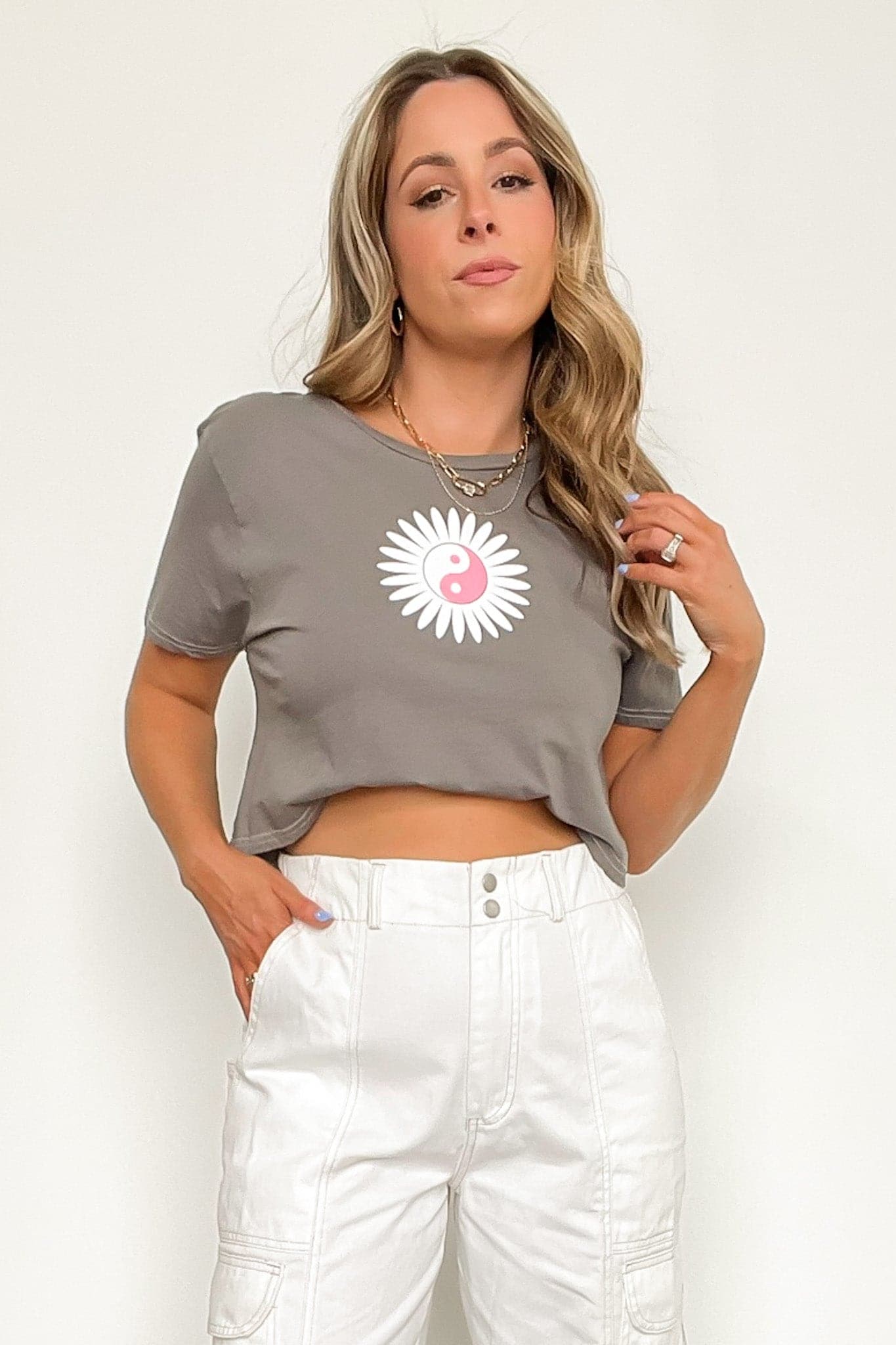 S / Charcoal Yin Yang Flower Graphic Cropped Tee - FINAL SALE - Madison and Mallory