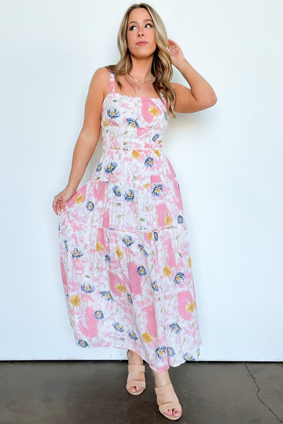 S / Pink Zeinah Tiered Floral Maxi Dress - FINAL SALE - Madison and Mallory
