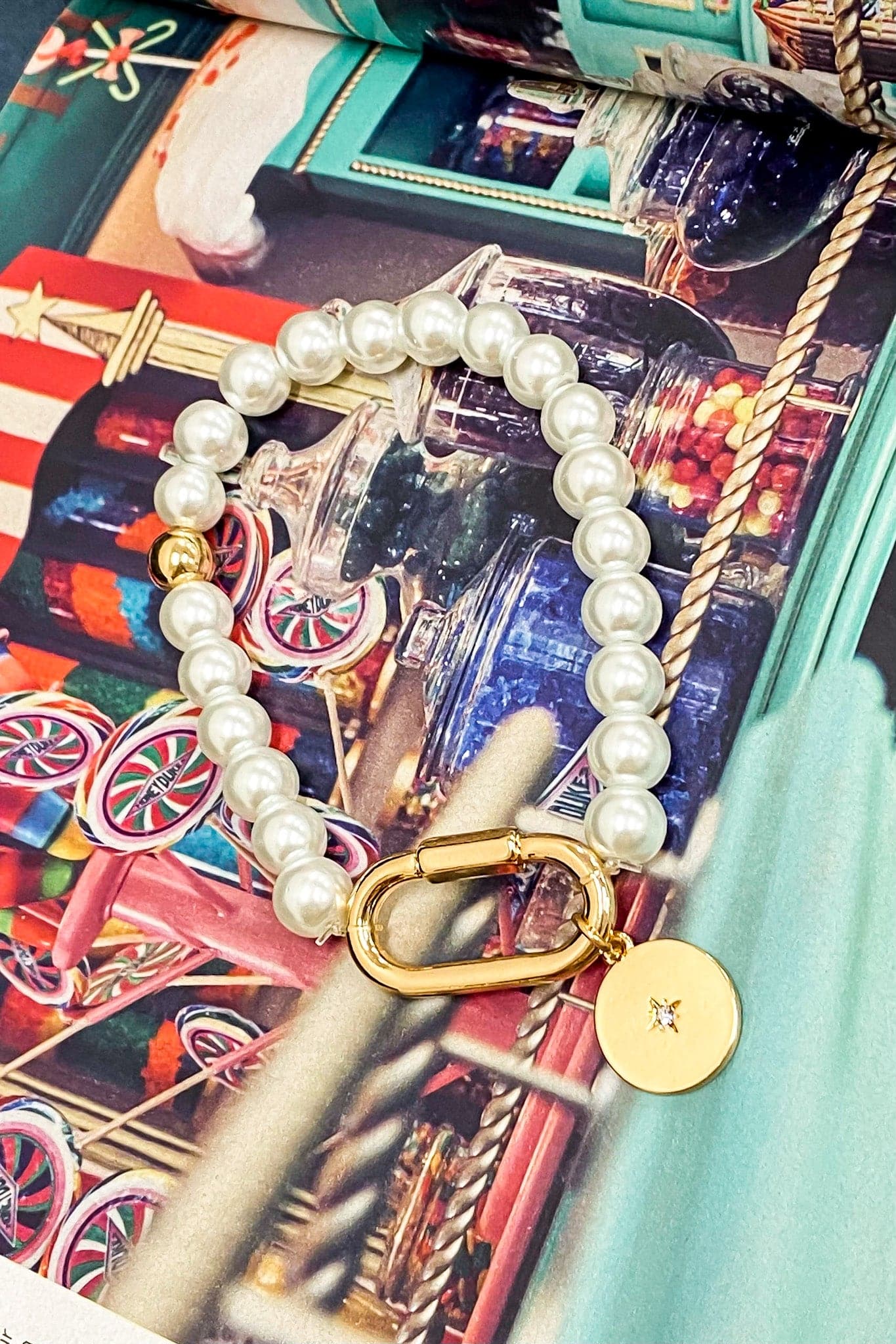 Gold Zelda Carabiner Pearl Charm Bracelet - Madison and Mallory