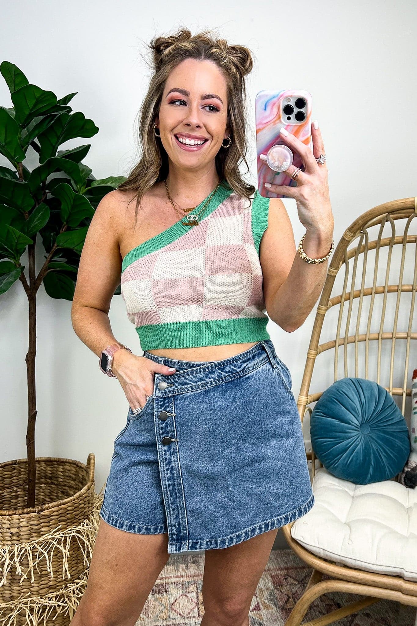 S / Blush/White Zimal Checkered Print One Shoulder Knit Crop Top - FINAL SALE - Madison and Mallory