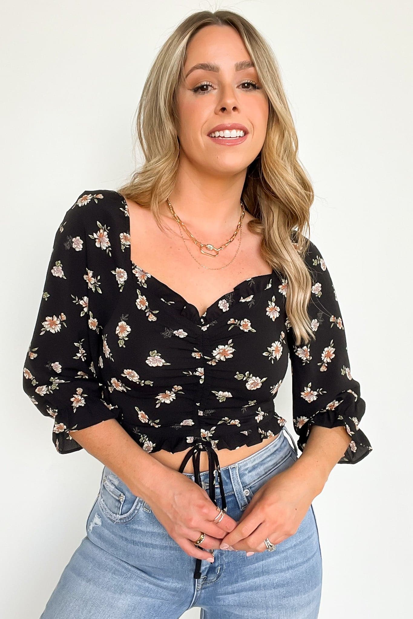 Black / S Zoia Floral Print Ruffled Cropped Top - FINAL SALE - Madison and Mallory