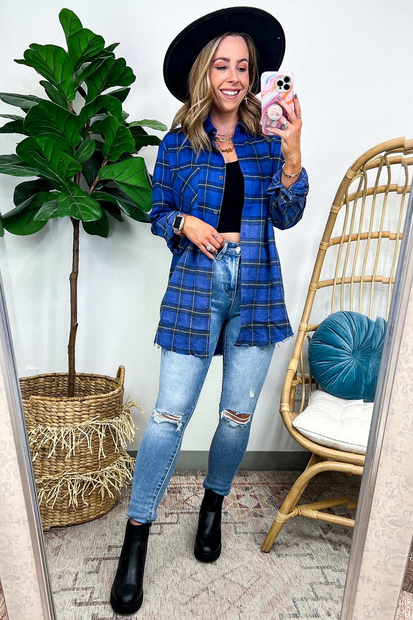 Royal / S Zylia Washed Plaid Relaxed Button Down Top - Madison and Mallory