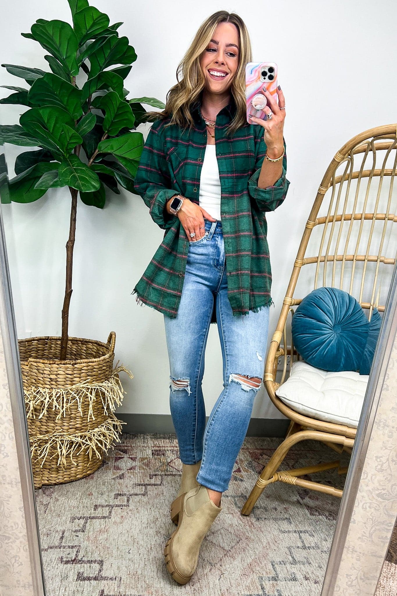 Green / S Zylia Washed Plaid Relaxed Button Down Top - Madison and Mallory