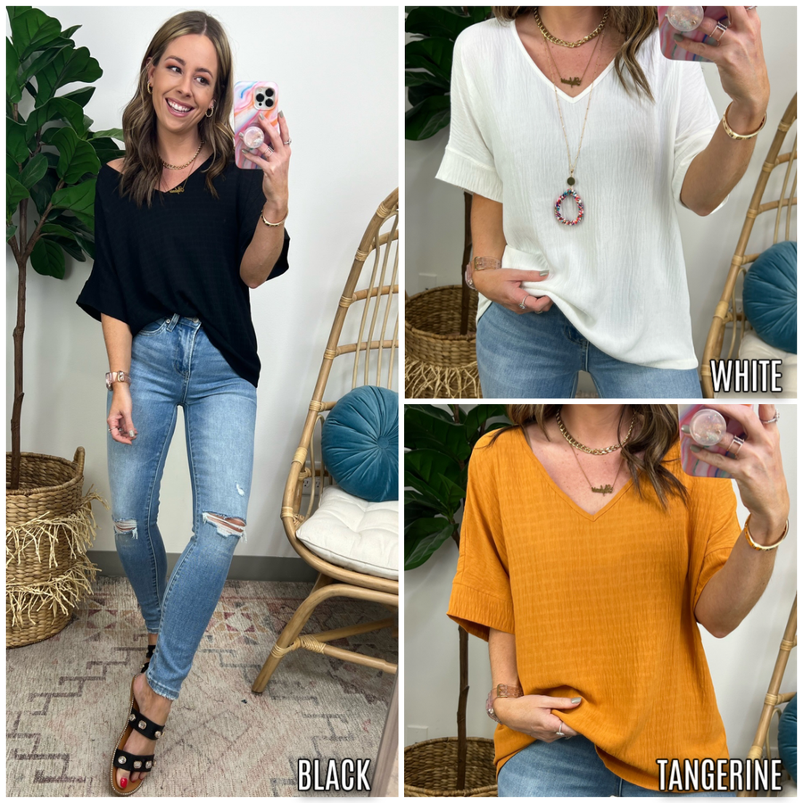  Basically Amused V-Neck Textured Top - Madison and Mallory