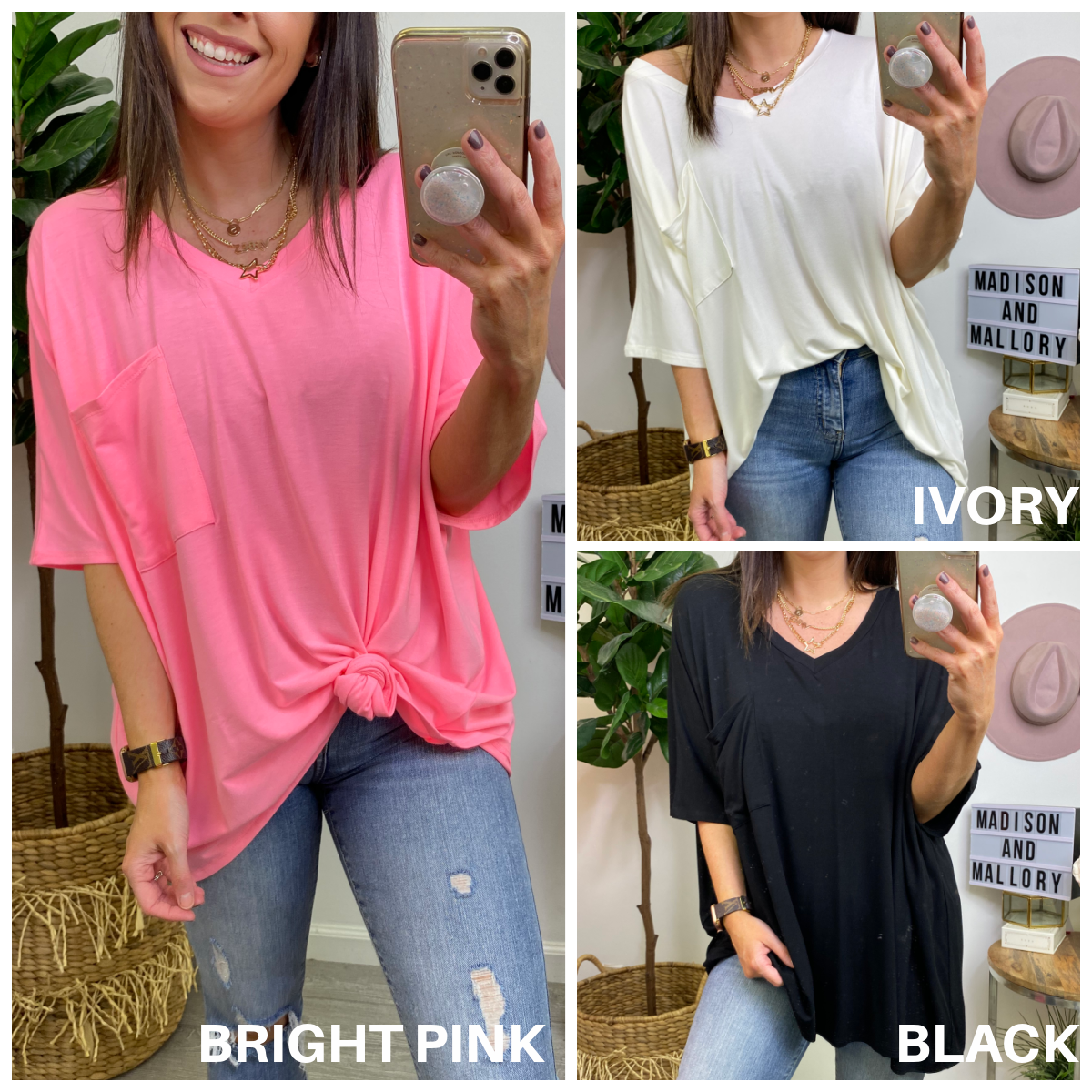  Cielie Relaxed V-Neck Pocket Top - Madison and Mallory