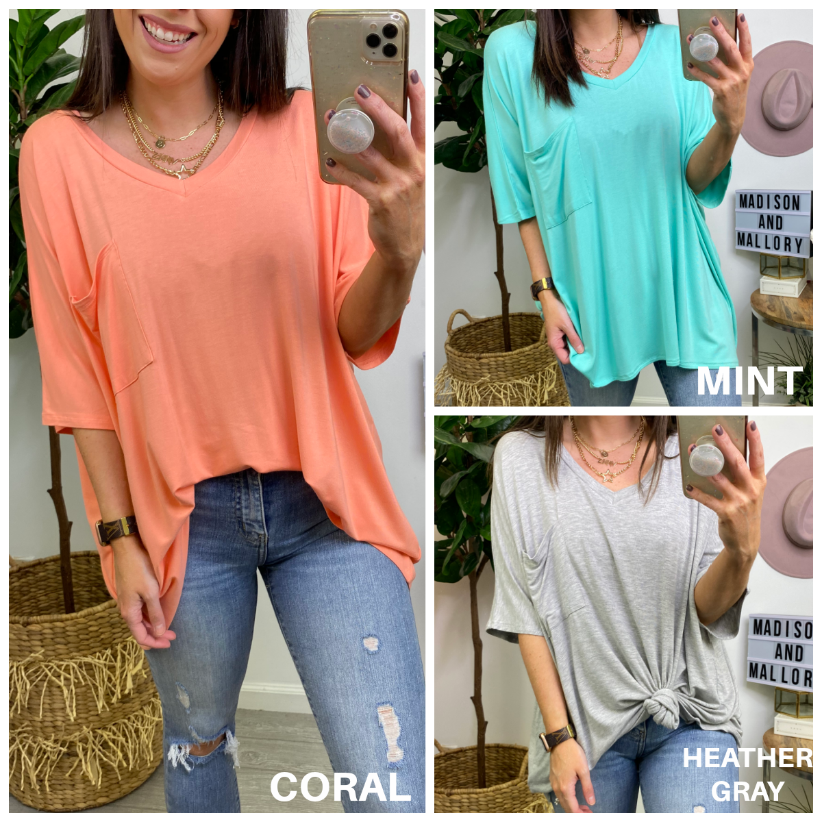  Cielie Relaxed V-Neck Pocket Top - Madison and Mallory
