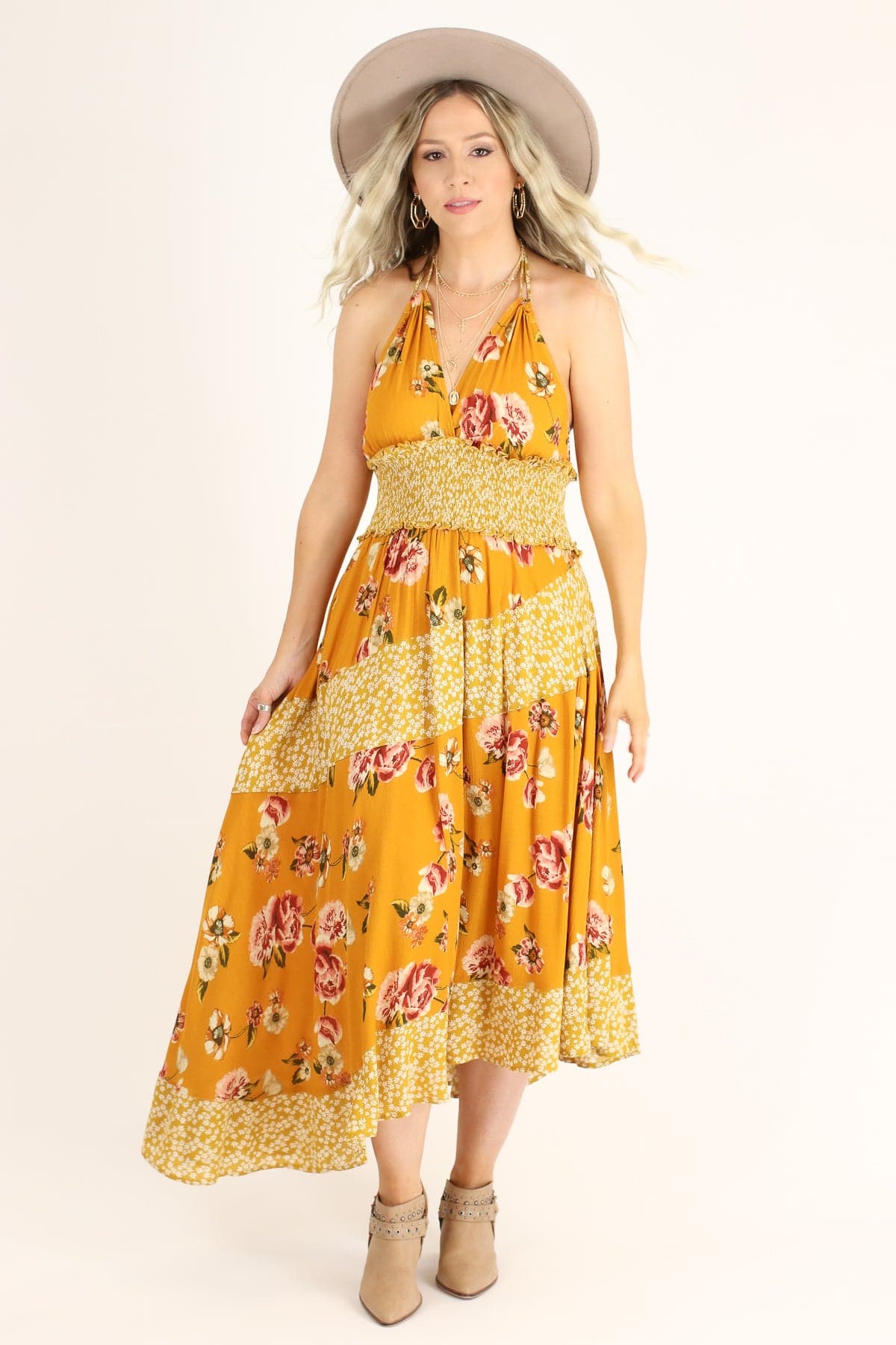 S / Mustard Naya Asymmetric Floral Halter Dress - FINAL SALE - Madison and Mallory