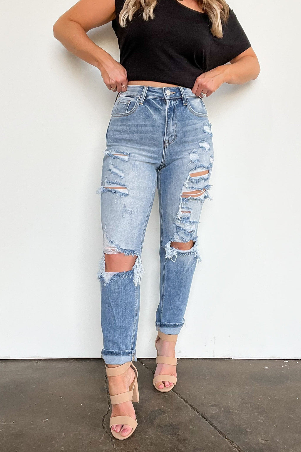 Medium Wash / 25/1 Altomare High Rise Distressed Girlfriend Jeans - FINAL SALE - Madison and Mallory