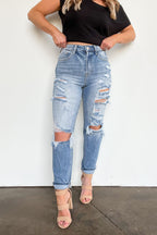 Medium Wash / 25/1 Altomare High Rise Distressed Girlfriend Jeans - FINAL SALE - Madison and Mallory