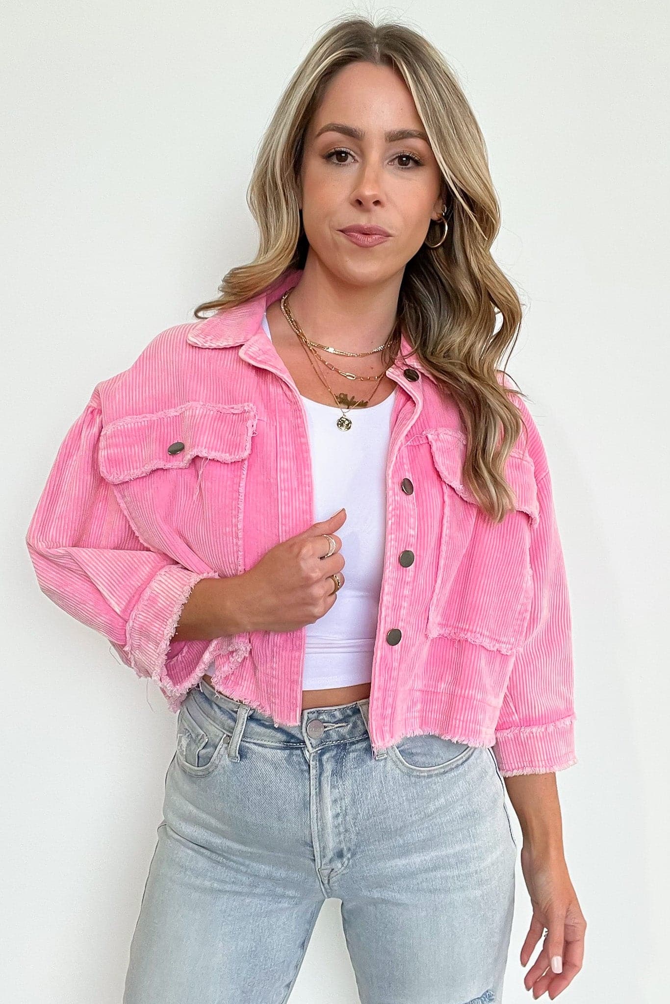 Hot Pink / S Simple Melody Cropped Frayed Jacket - FINAL SALE - Madison and Mallory